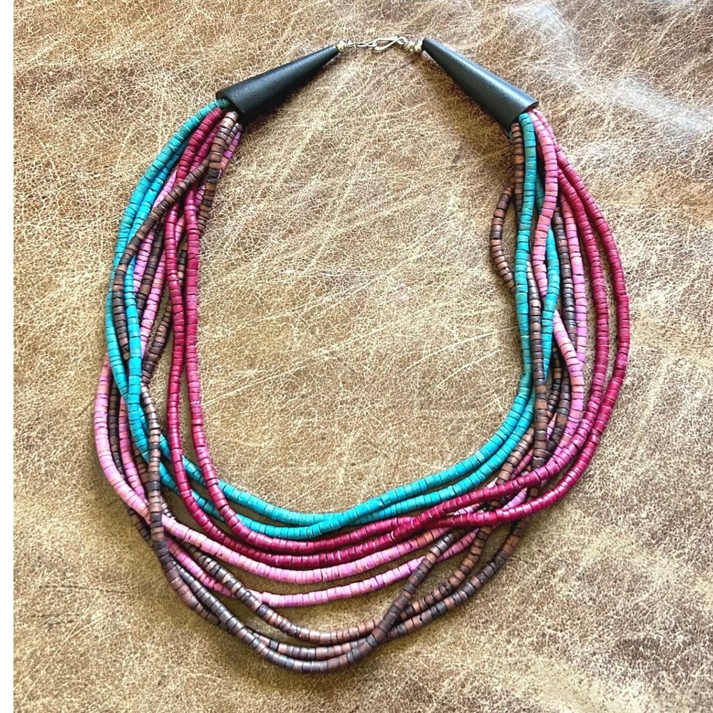 Bohemian Multistrand Wood Bead Statement Necklace Turquoise Pink Brown Layered